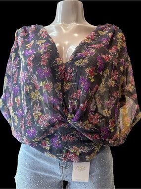 Twist-Front Floral Sheer Blouse in Black